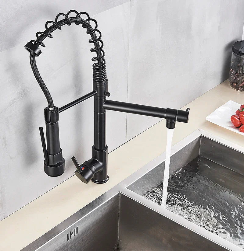 Afralia™ Black Brass Kitchen Faucet with Dual Spout, 360 Rotation, Deck Mounted