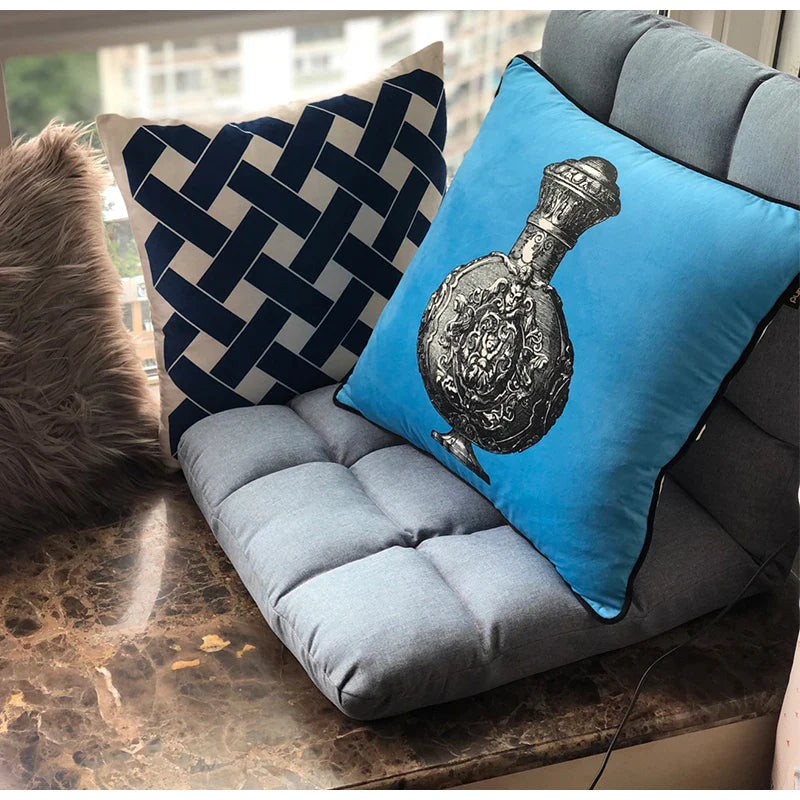 Afralia™ Vintage Perfume Bottle Luxury Velvet Pillow Cover Royal Blue 45x45cm