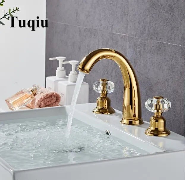 Afralia™ Crystal Handle Gold Basin Faucet, Widespread Sink Tap, Hot/Cold Mixer