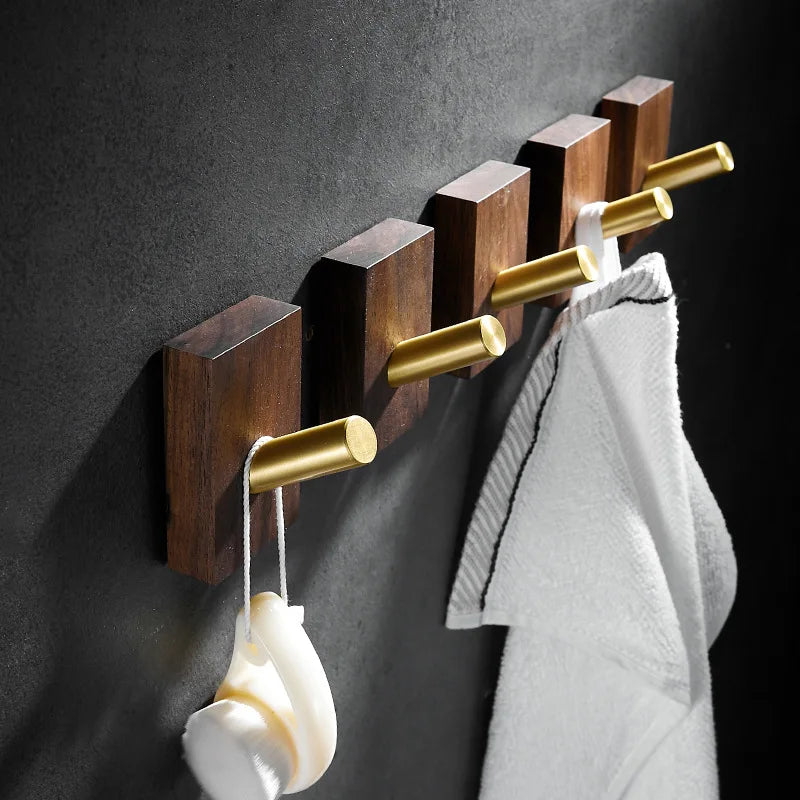 Afralia™ Brass Brushed Gold Wall Hook for Bathroom and Kitchen with Wood Accent