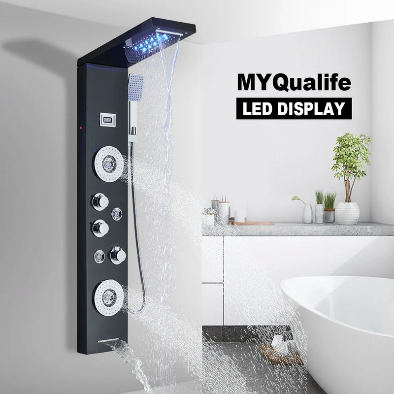 Afralia™ Black LED Waterfall Rain Shower Panel Faucet Set with Massage Jets