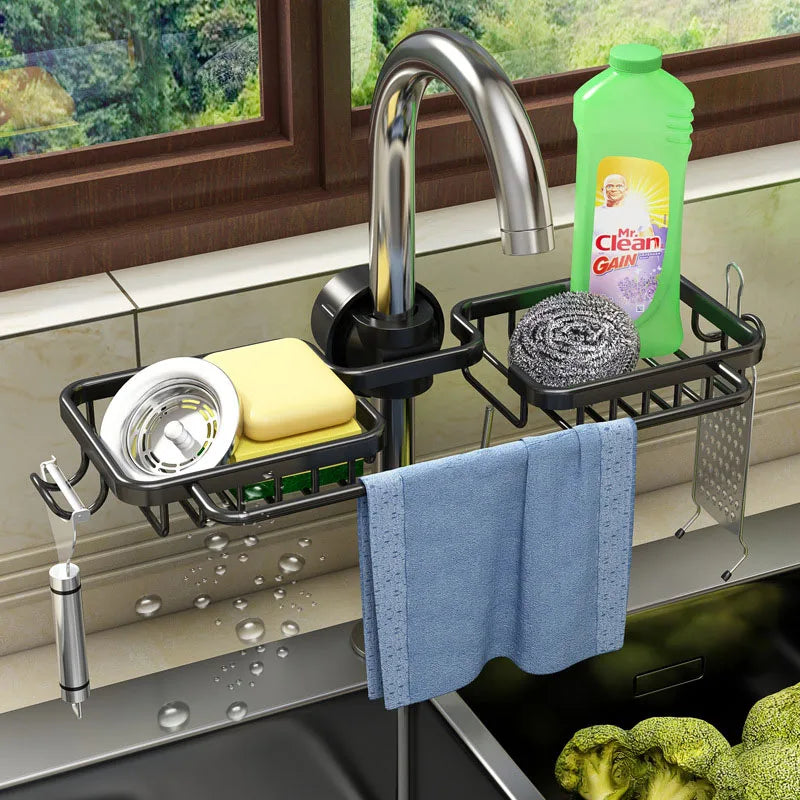 Afralia™ Adjustable Kitchen Sink Rack with Soap Dish and Hooks