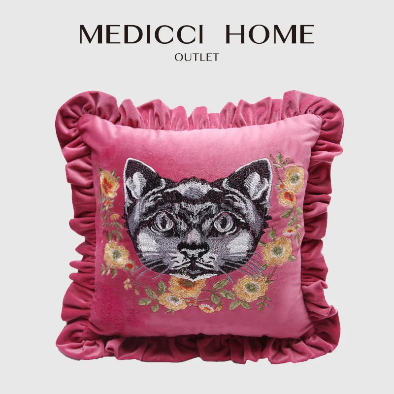 Afralia™ Pink Velvet Cat Embroidery Cushion Cover with Ruffled Edges