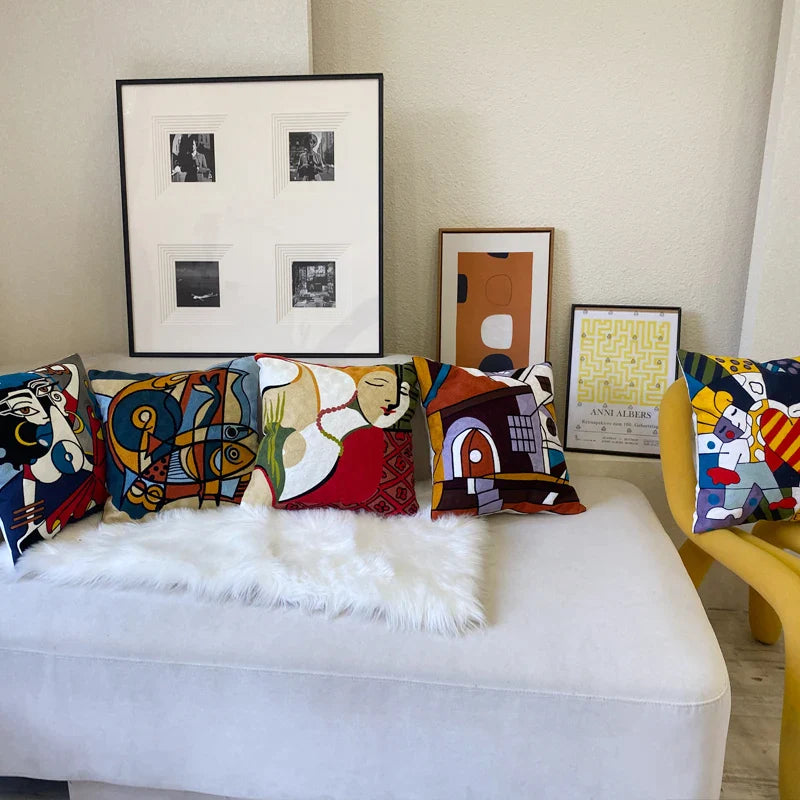 Afralia™ Abstract Embroidery Pillowcase 45x45cm Picasso Decorative Throw Pillows Sofa & Car