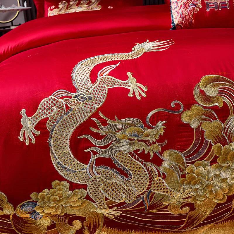 Afralia™ Red Chinese Wedding Style Bedding Set with Gold Loong Phoenix Embroidery