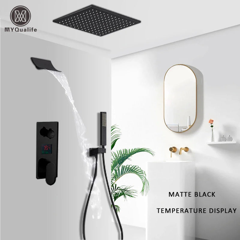 Afralia™ Matte Black Digital Shower Faucet Set Rainfall Shower Head Mixer Tap Display