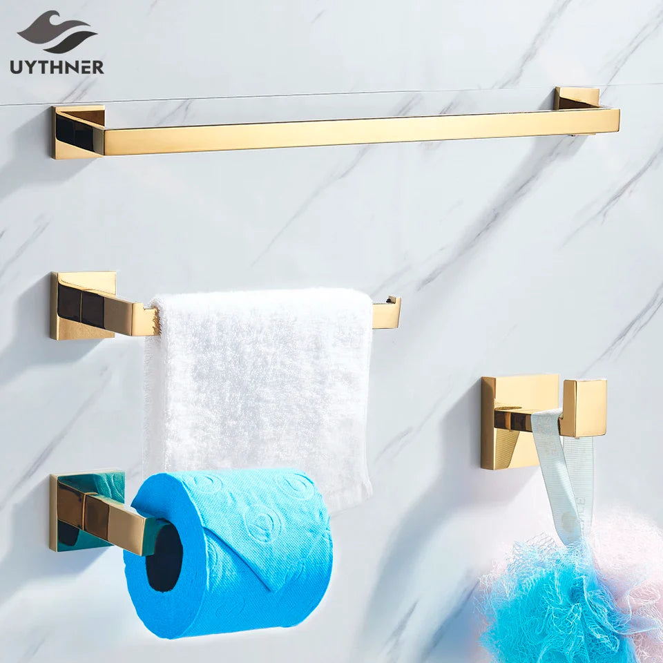Afralia™ Gold Bathroom Hardware Set: Robe Hook, Towel Rail, Shelf, Tissue Holder