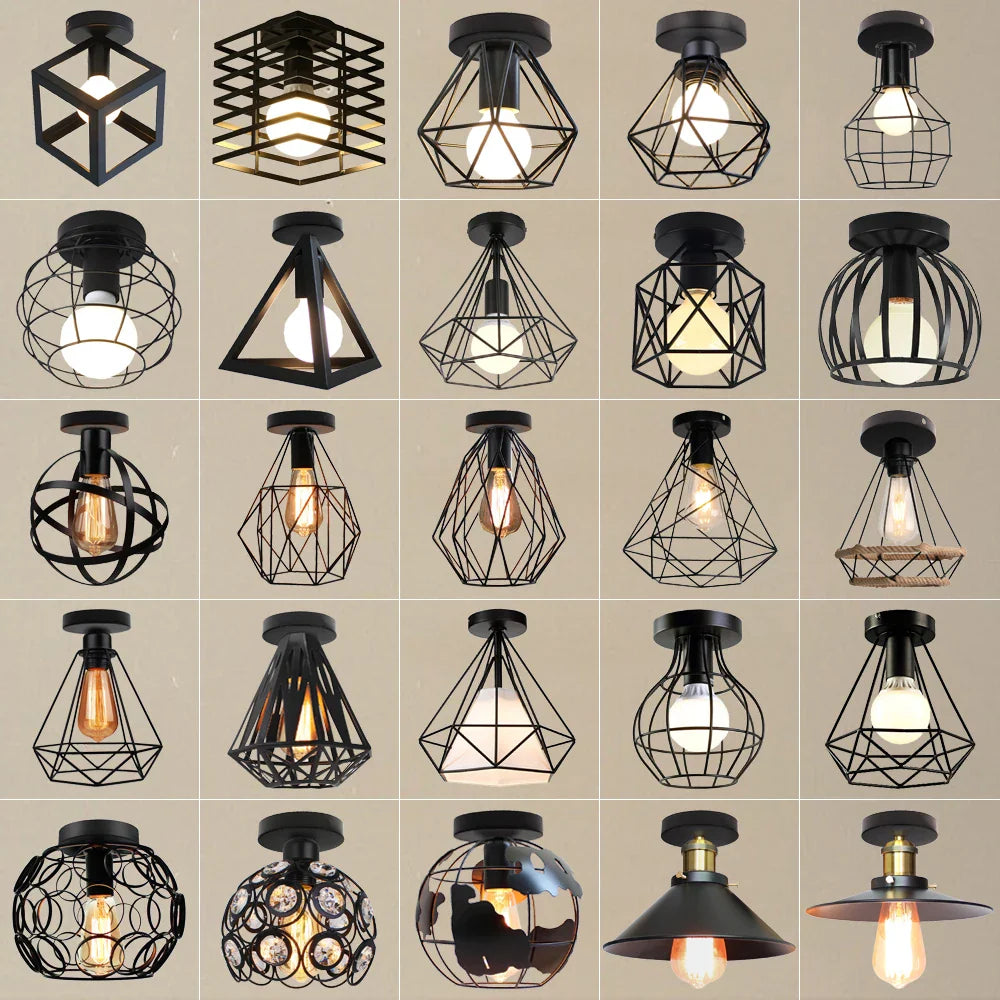 Afralia™ Iron Cage Ceiling Light Modern Nordic Retro Black Loft E27 Home Lighting