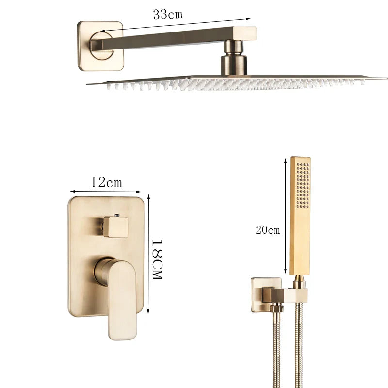 Afralia™ Brushed Gold Shower Mixer: Wall Mount Rainfall Head, Hand Shower, Rotate Tub Spout