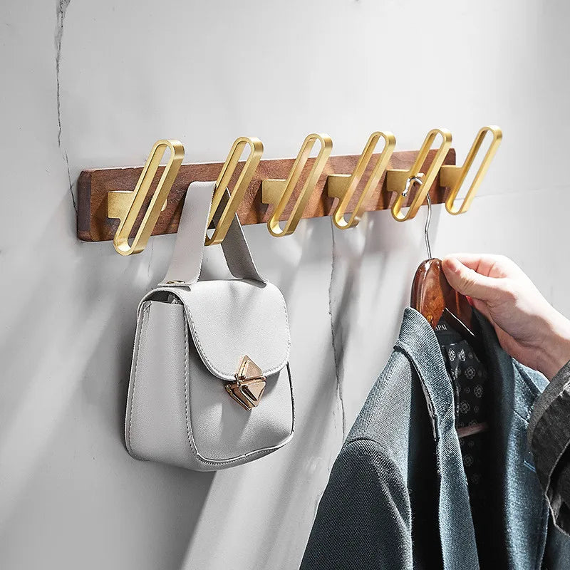Afralia™ Brushed Gold Wood and Aluminum Robe Hook Towel Hanger for Bathroom and Kitchen