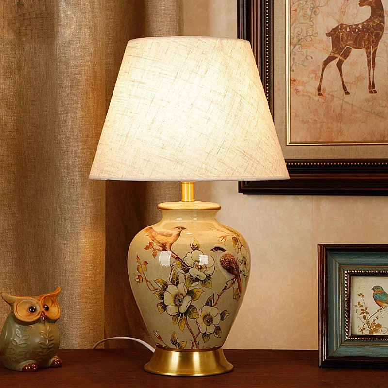 Afralia™ Vintage Flower Bird Ceramic Table Lamp - Chinese Style Home Decor