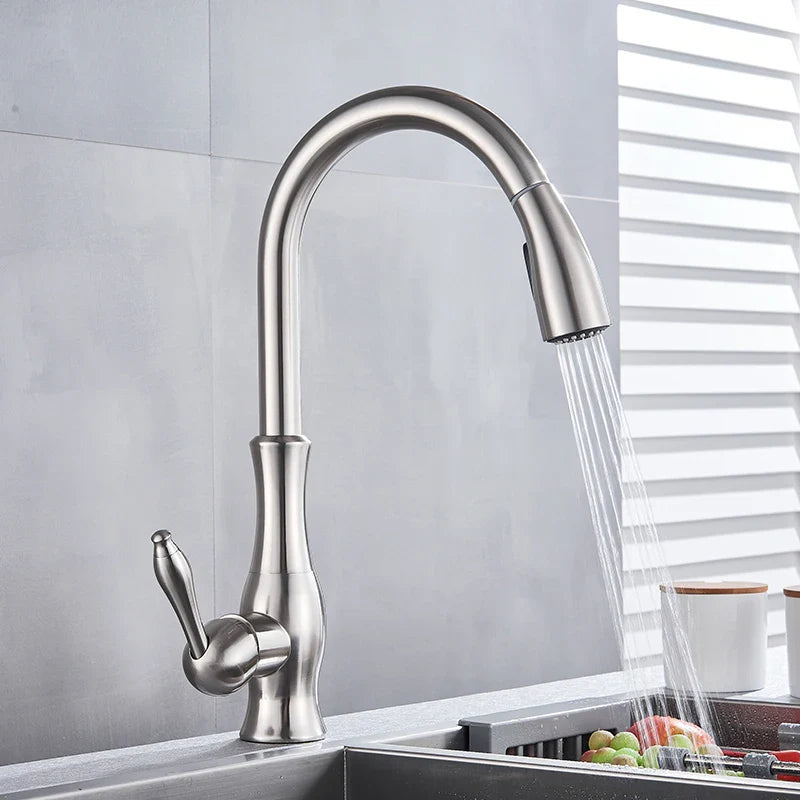 Afralia™ Brushed Nickel Kitchen Faucet Pull Out Single Handle Mixer Tap