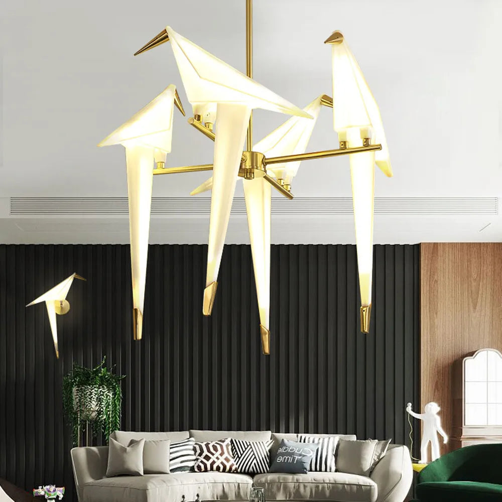Afralia™ Gold Cage Origami Bird Chandelier - Modern Light Fixture for Home Decor