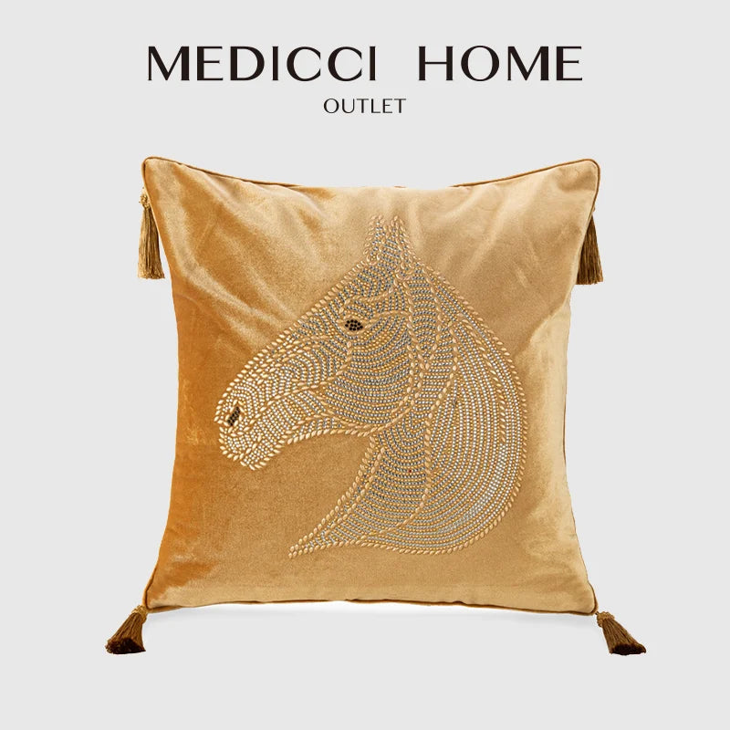 Afralia™ Gold Rhinestone Square Pillow Case with Tassels Luxury Accent Decorative Cover