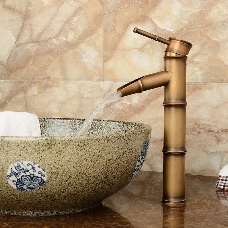 Afralia™ Antique Brass Bamboo Basin Faucet Single Handle Hot Cold Water Tap