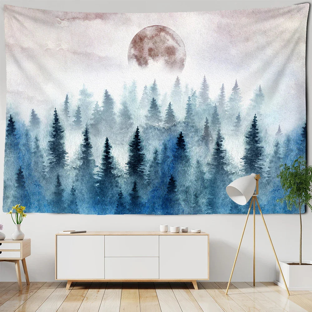 Afralia™ Foggy Forest Tree Tapestry Living Room Decor