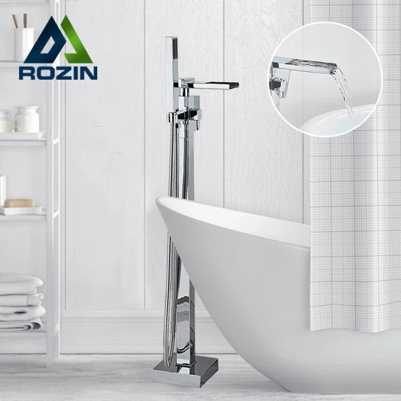 Afralia™ Chrome Free Standing Waterfall Bathtub Faucet with Handshower