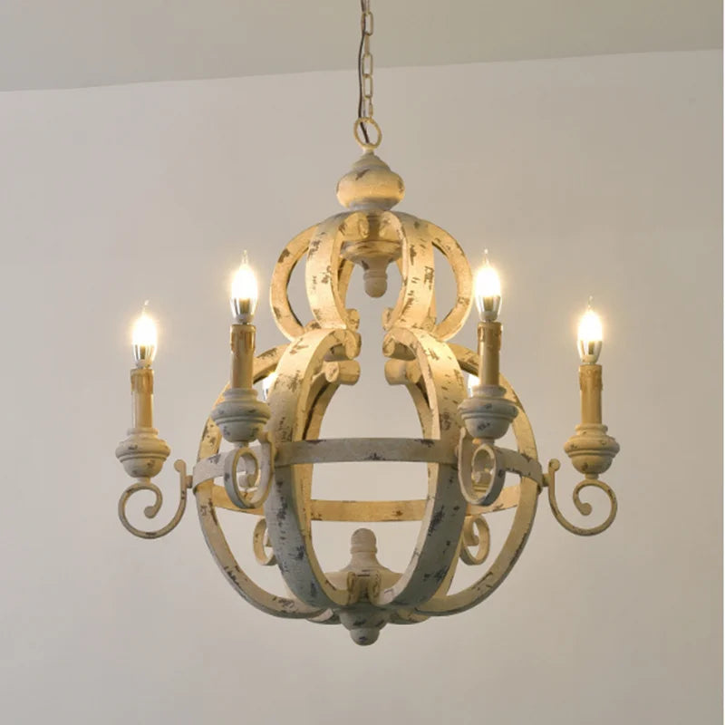 Afralia™ Rustic White French Style Wooden Chandelier - 6-Light Vintage Fixture for Home Decor