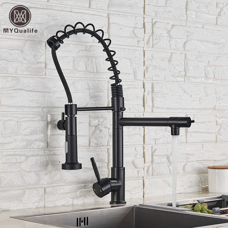 Afralia™ Dual Spout Kitchen Sink Faucet - Matte Black Finish, Deck Mount Spring Mixer