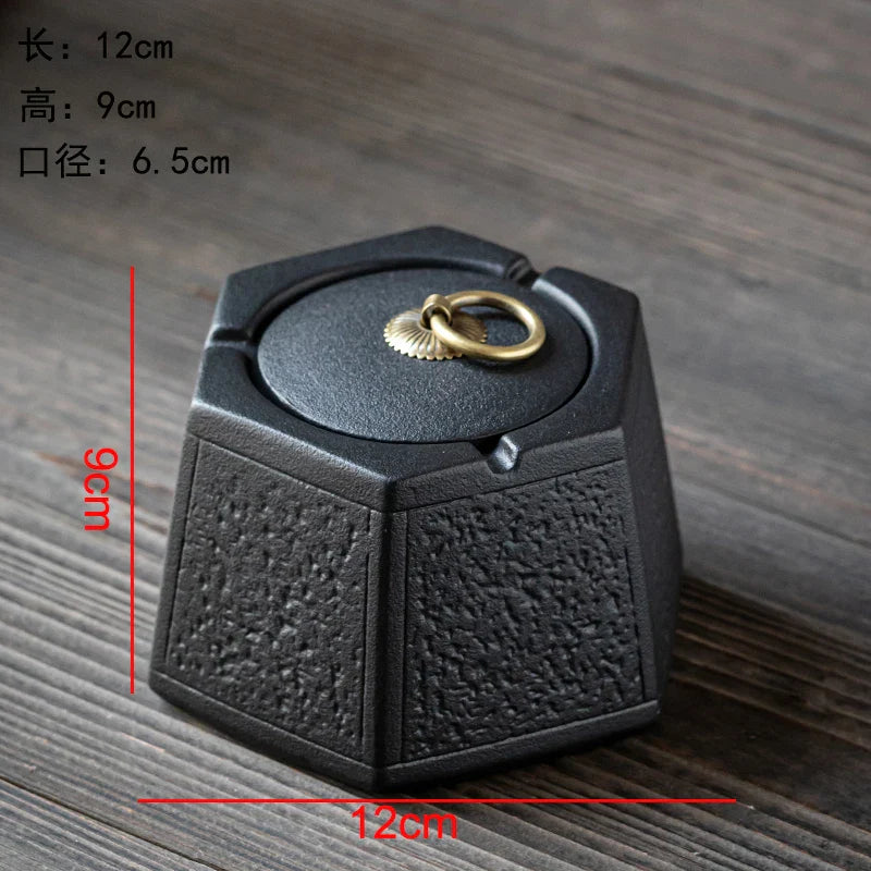 Afralia™ Black Pottery Ashtray with Cover: Stylish, Large Capacity Ceramic Ashtray