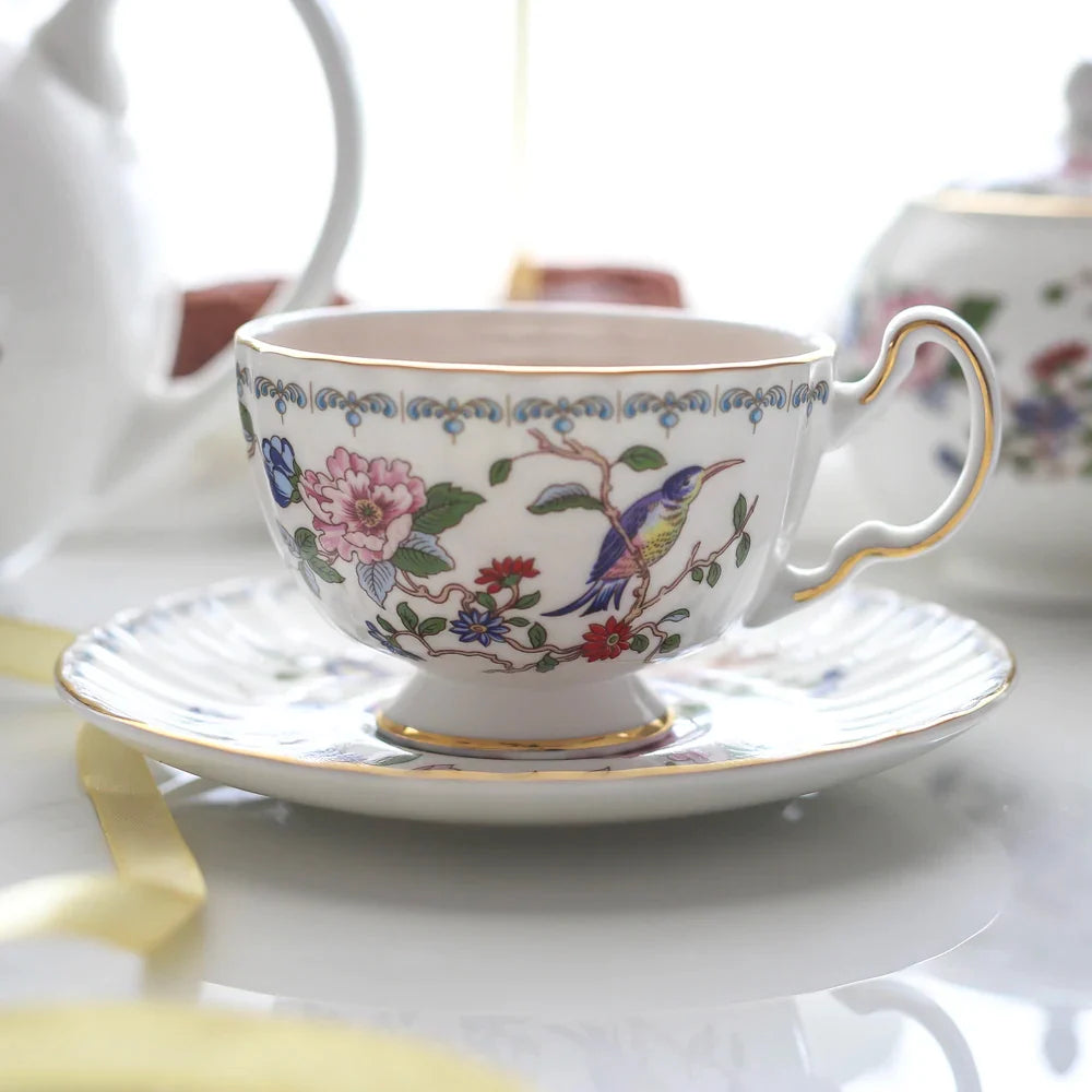 Afralia™ Bone China Tea Cup Set, Flowers Teacup & Snack Dish for Office Drinkware