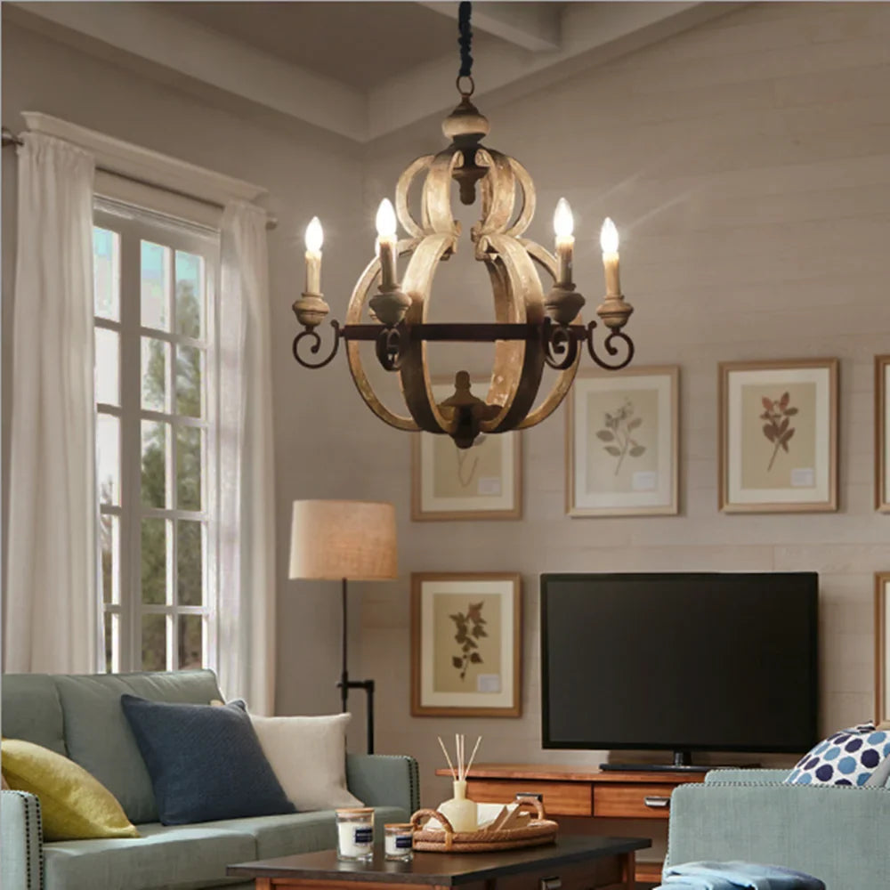 Afralia™ Rustic White French Style Wooden Chandelier - 6-Light Vintage Fixture for Home Decor