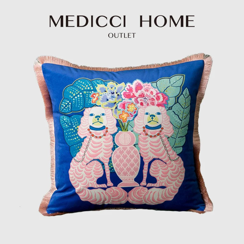 Afralia™ Oriental Mystical Animals Print Velvet Cushion Cover with Tassels