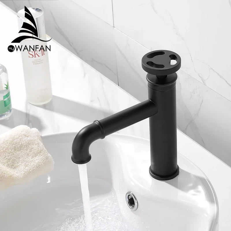 Afralia™ Matte Black Brass Basin Faucet Retro Industrial Style Hot Cold Mixer Tap
