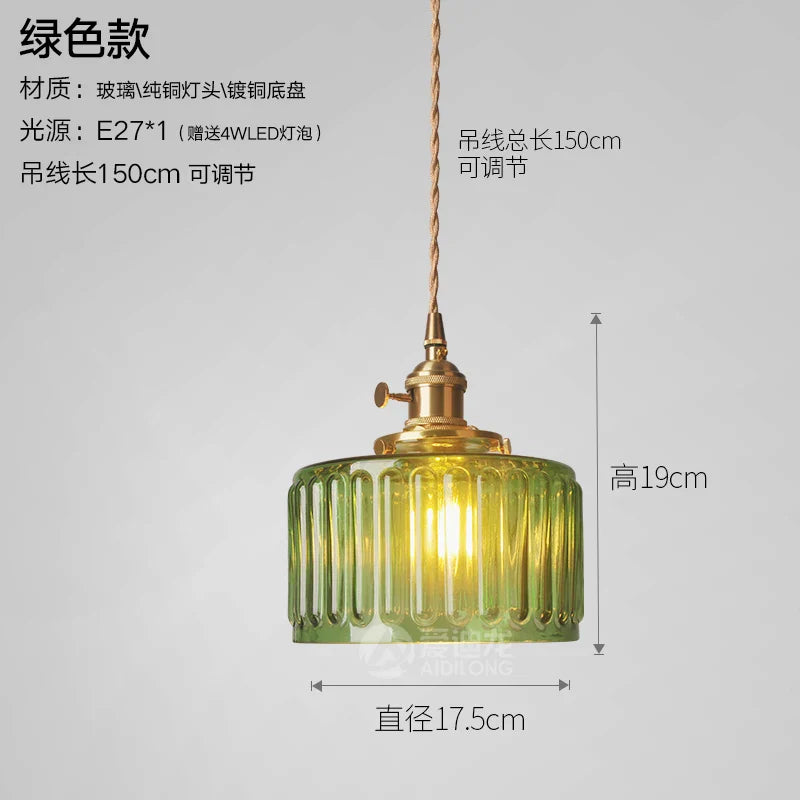 Afralia™ Green Glass Pendant Light Switch Bar Bedroom Copper Hanging Lamp