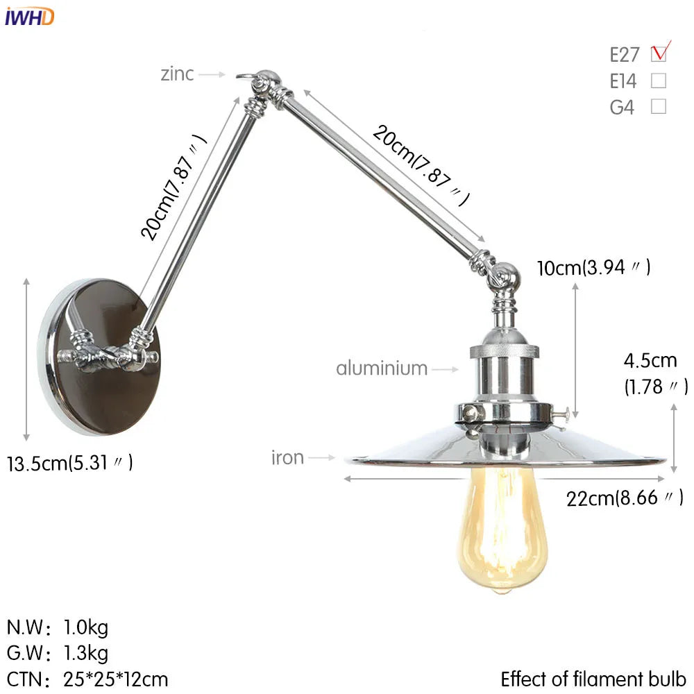 Afralia™ Silver Swing Long Arm LED Wall Sconce Vintage Industrial Loft Decor