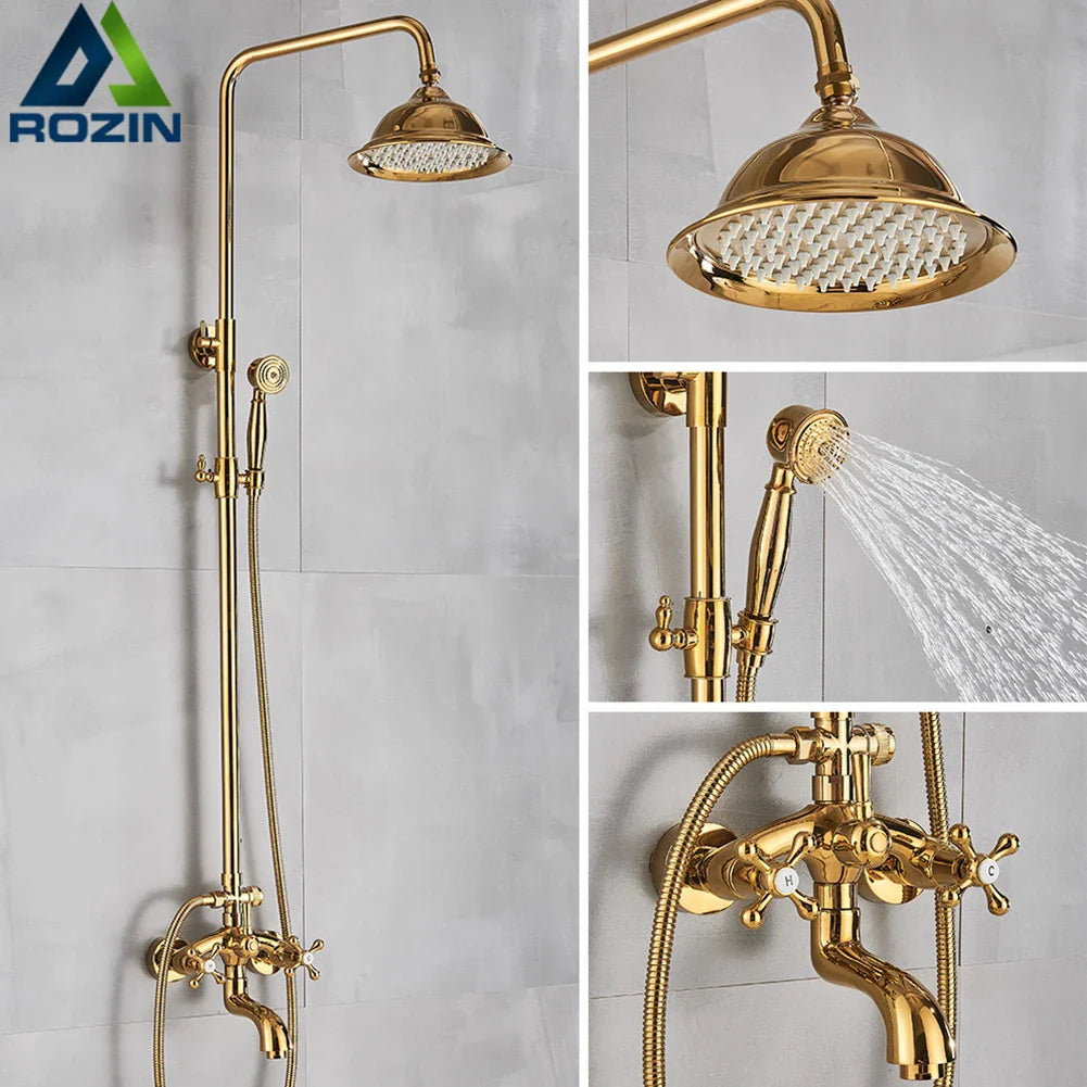 Afralia™ Gold Brass Shower Faucet Set with Tub Spout and Dual Handles