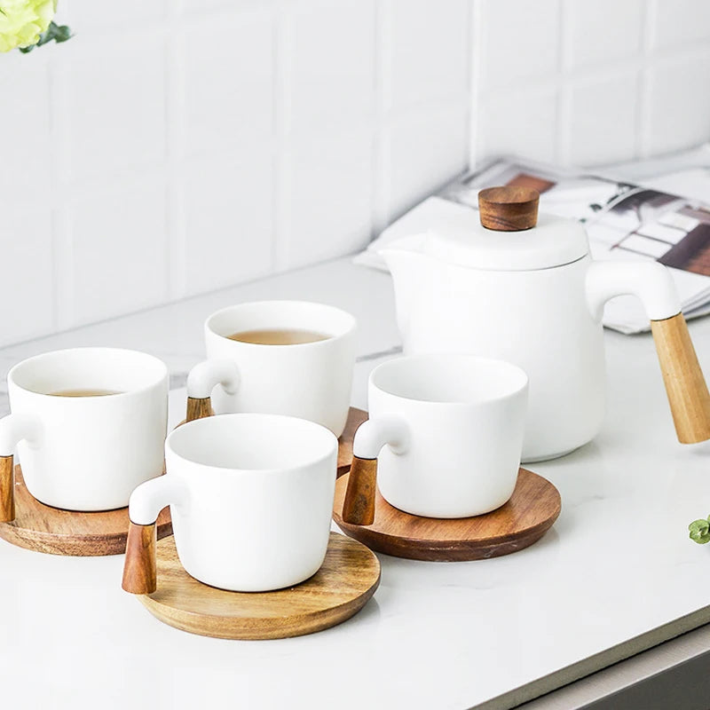 Afralia™ Japanese Style Ceramic Tea Pot Set with Wooden Handle | Heat-Resistant Borosilicate Glass