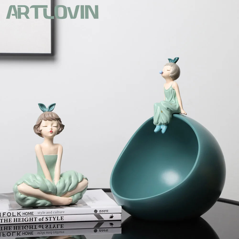 Afralia™ Bowknot Girl Figurine: Modern Nordic Character Sculpture with Storage Box