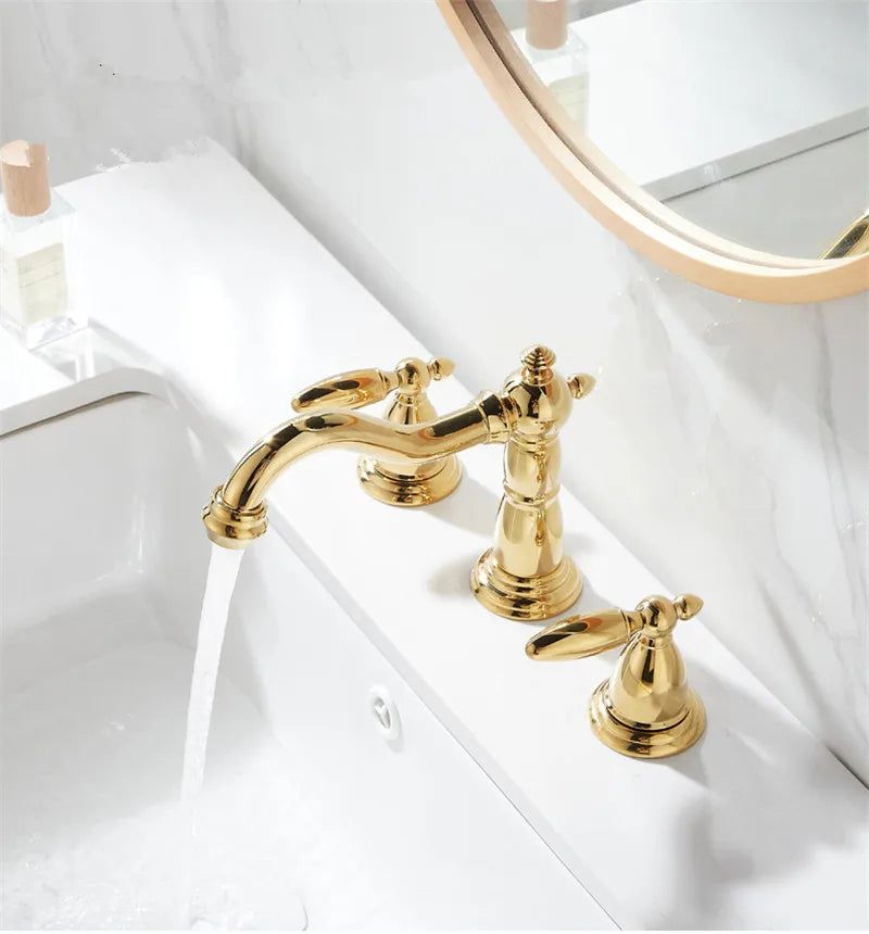 Afralia™ Gold Brass Widespread Bathroom Faucet - Antique Sink Faucets 3 Hole