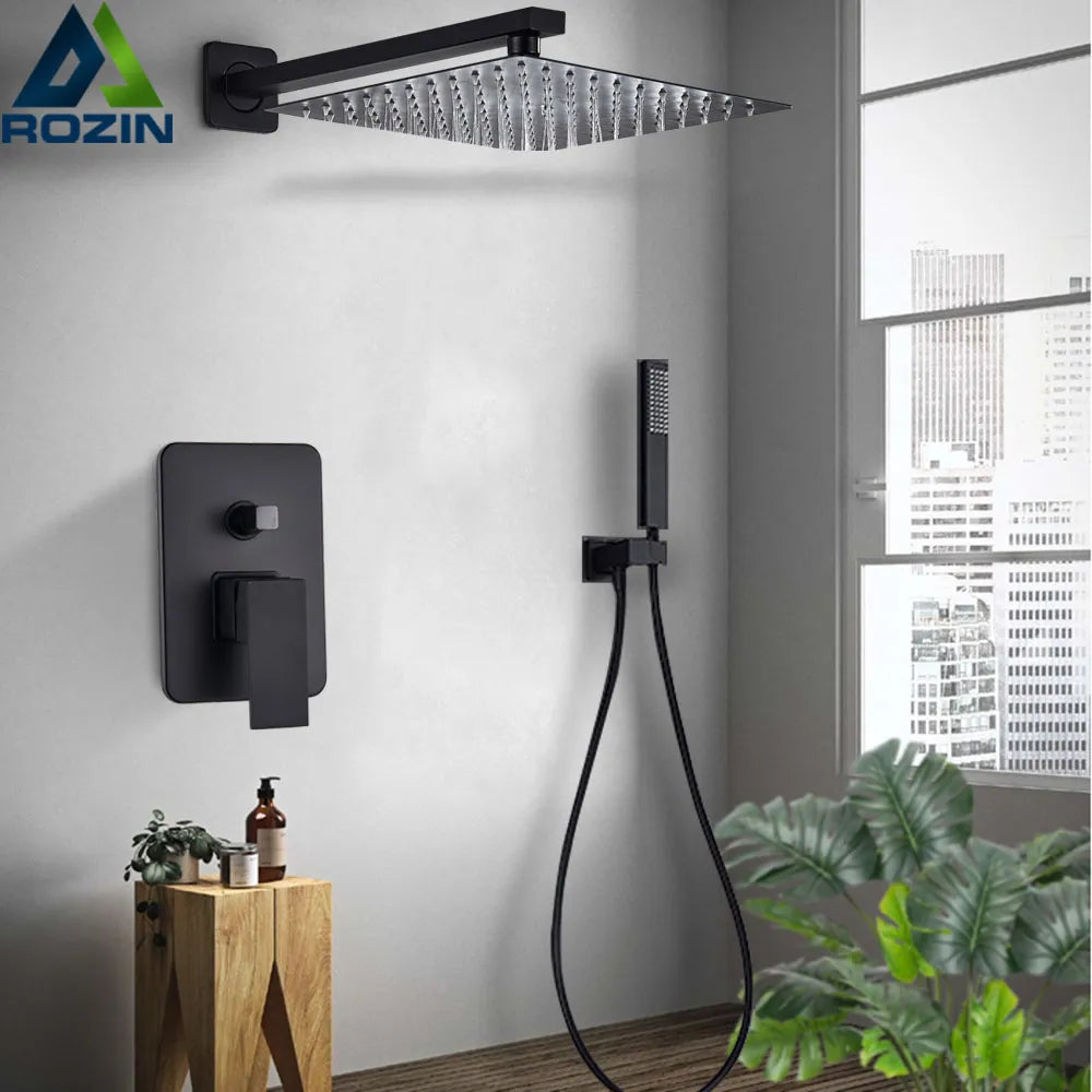 Afralia™ Black Wall Mounted Shower Faucet with Handshower and Rainfall Shower Head