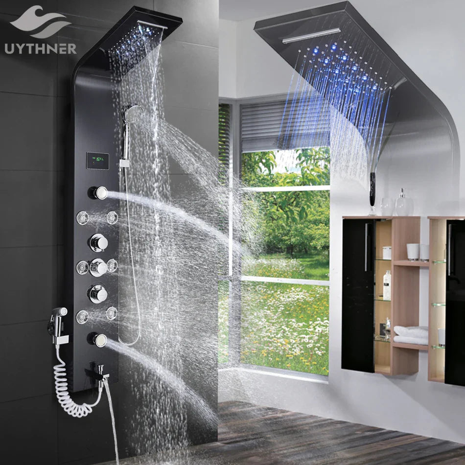 Afralia™ LED Rainfall Shower Panel System with Temperature Screen