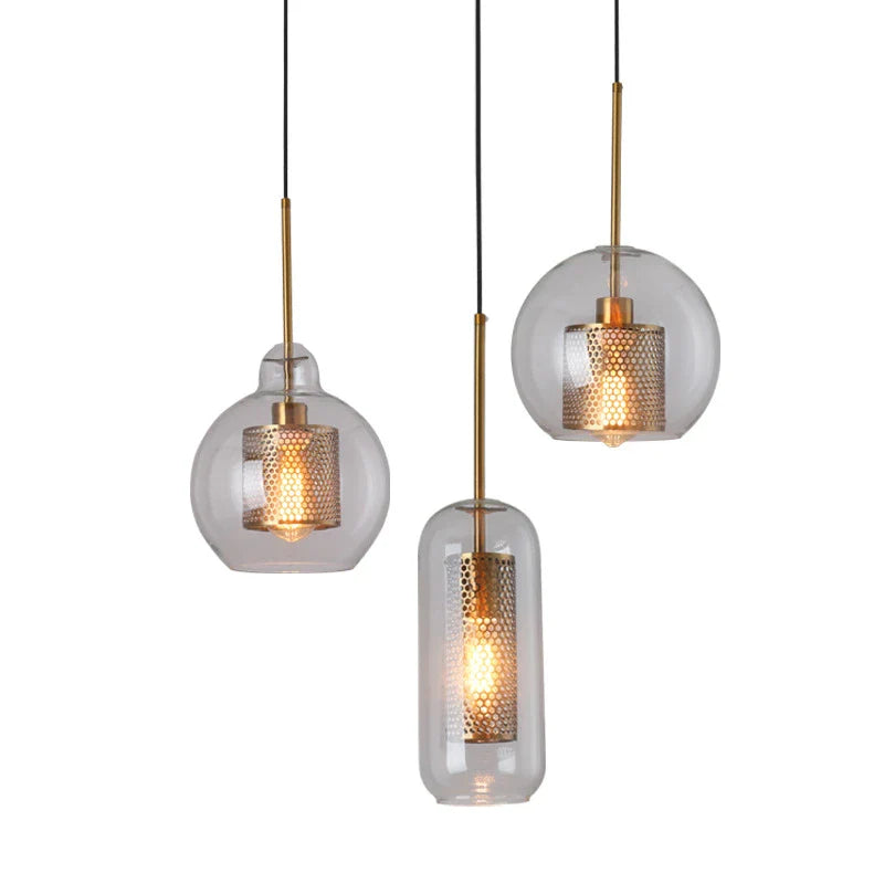 Afralia™ Gold Mesh Glass Ball Pendant Light Industrial Kitchen Fixture