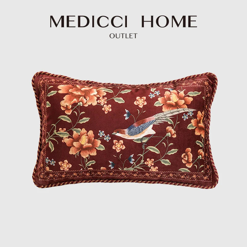 Afralia™ Chinese Peony Flower & Bird Print Vermilion Pillow Cover