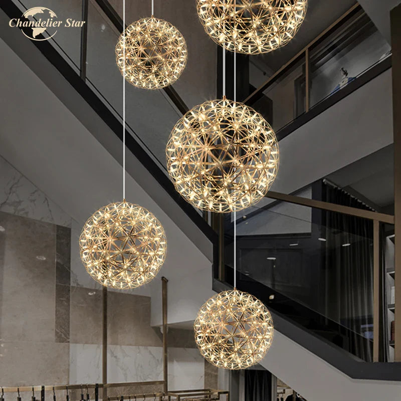 Afralia™ Dandelion Ball LED Chandelier for Staircase Restaurant - Nordic Firework Design