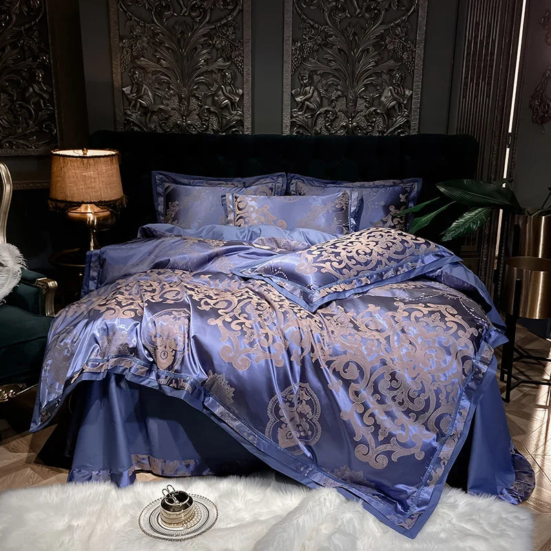 Afralia™ Luxury Soft Satin Jacquard Cotton Bedding Set in Blue/Gold/Gray, Queen/King Sizes