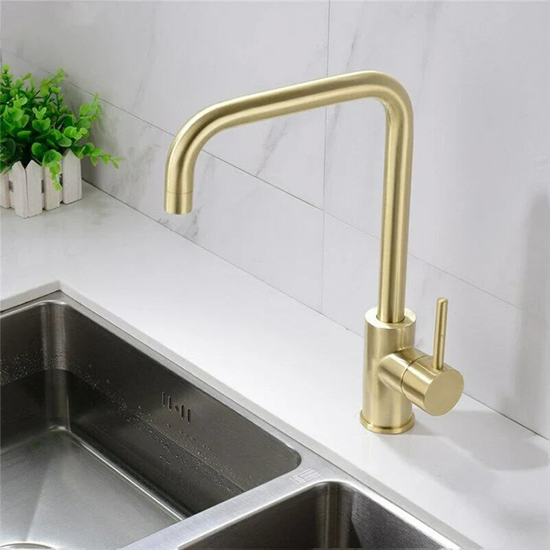 Afralia™ Brushed Gold Stainless Steel Kitchen Faucet 360 Rotate Deck Mount Sink Mixer Taps