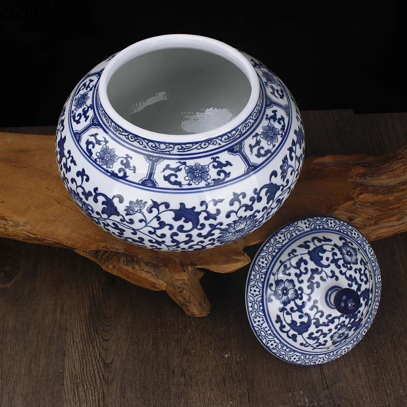 Afralia™ Blue White Porcelain Storage Tank for Living Room Decor & Small Objects.