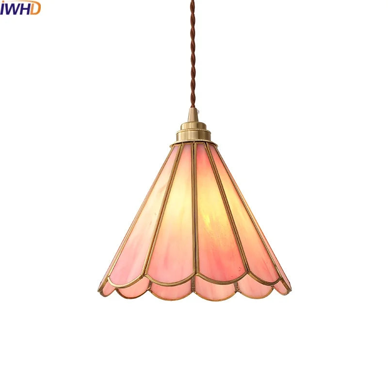 Afralia™ Pink Glass LED Pendant Lights for Bedroom Dining Living Room, Copper Nordic Hanging Lamp