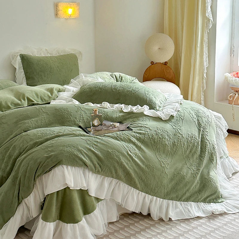Afralia™ French Carved Velvet Lace Ruffles Bedding Set, Coral Velvet Duvet Cover, Luxury Bed Sheet