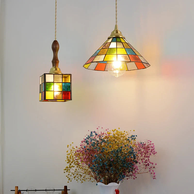 Afralia™ Colorful Glass Magic Cube LED Pendant Lights Tiffany Style Wood Hang Lamp