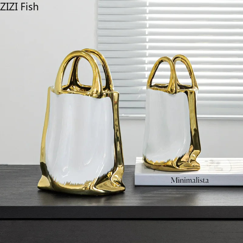 Afralia™ Handbag Ceramic Vase Gold-plated Table Decoration Flowers Room Decor
