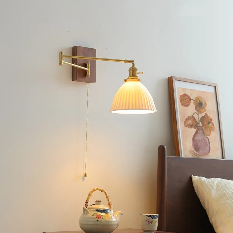 Afralia™ Ceramic Walnut LED Wall Lights for Modern Bedroom Living Room, Pull Chain Switch