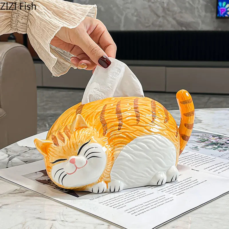 Afralia™ Cartoon Ginger Cat Ceramic Tissue Box - Creative Desk Decoration & Paper Towel Case