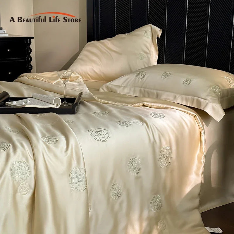 Afralia™ Eucalyptus Fiber Flower Embroidery Quilt Set with Bed Sheet & Pillowcase