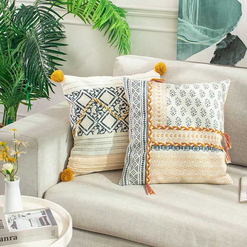 Boho Style Cotton Woven Pillow Cover with Tassels & Pompom - Afralia™